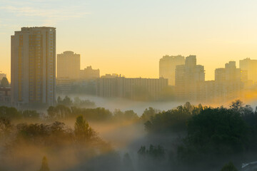 Morning fog illuminated by sun on background of city buildings