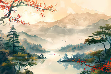  elegance of traditional Japanese art with a classic background illustration - obrazy, fototapety, plakaty