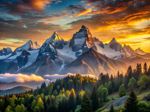 Sunrise view on Bernese range above Bachalpsee lake. Peaks Eiger, Jungfrau, Faulhorn in famous location in Switzerland alps, Grindelwald valley