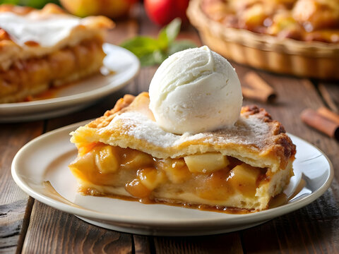 Slice of traditional apple pie with ice cream served on table, closeup