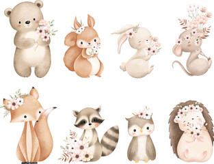 Watercolor Illustration Set of Woodland Animals and Flowers