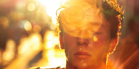 Exhausted person suffering from heat wave on a city street under direct sunlight, mirages blurring the urban horizon.