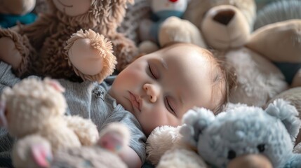 A newborn baby peacefully sleeping on their back amidst a variety of plush toys