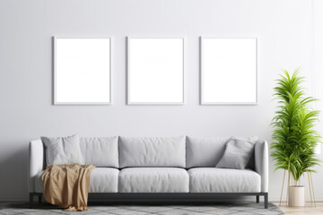 Modern Living Room with Gray Sofa and Three Blank Frames