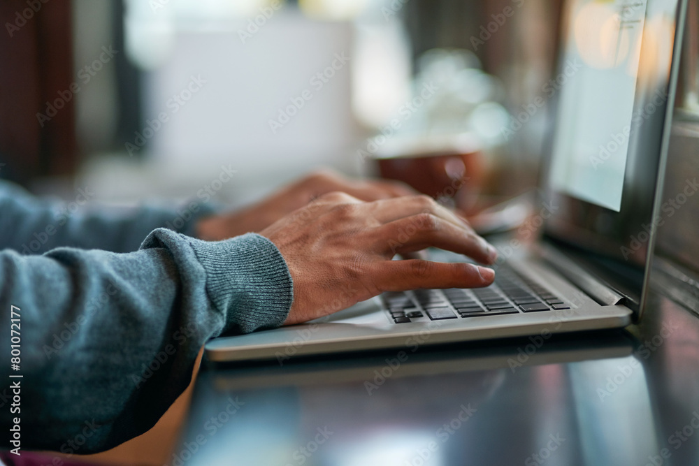 Aufkleber laptop, hands and man typing for working on creative web design for startup company. technology, fre