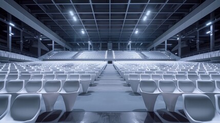A view of numerous empty seats lined up in orderly rows within a spacious auditorium
