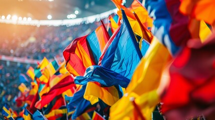 A vibrant scene of a packed European soccer stadium with colorful banners and flags waving as fans...