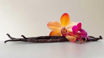 A branch featuring two vibrant flowers, showcasing the beauty of nature in a minimalist arrangement