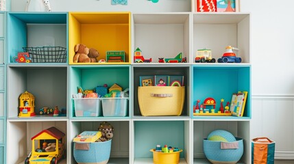 A neatly organized childrens room showcasing colorful storage solutions shelves and cubbies filled with a variety of toys books and educational materials
