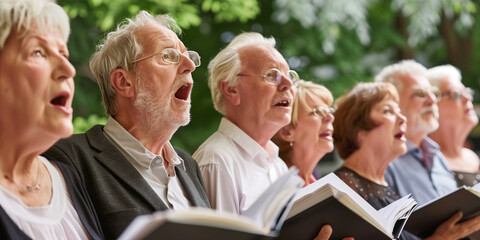 Group of senior women and men singing together at choir rehearsal. A community choir performing at a local nursing home. Hobbies and leisure for elderly people.