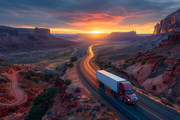 Semi Truck Hauling on a Winding Desert Road at Sunset