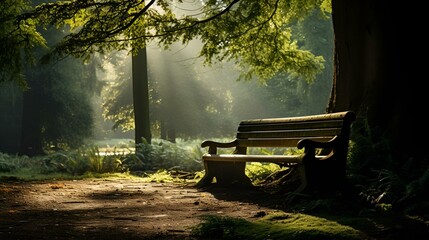 A solitary empty bench in a garden with sun shine background