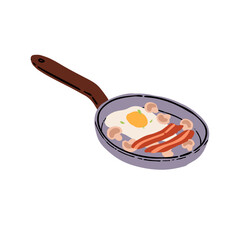 Traditional full English breakfast. Scrambled eggs and fried bacon, mushrooms on frying pan. Cooking food, cook brunch. Preparing of roasted morning eating. Flat isolated vector illustration on white