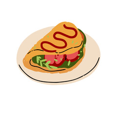 Omelette on plate for breakfast. Omelet with greens, meat fillings, sauce. Sausages are wrapped into scrambled eggs, crepe or tortilla. Tasty snack, food. Flat isolated vector illustration on white