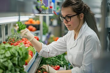 A female scientist in a laboratory inspects fresh organic vegetables, analyzing their quality and health.