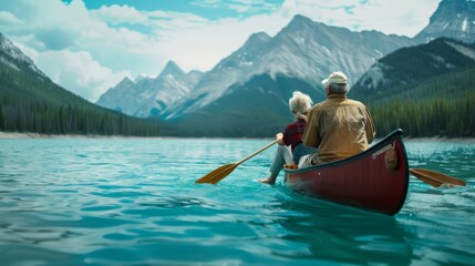 An elderly couple is canoeing in a lake with snow-capped mountains in the background.
