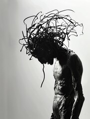 A black and white photo of a mannequin head and neck. The head is missing the right half of its face. The neck is made of wires.