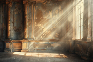 Warm vintage elegance in a faded bronze grunge room with soft sun rays.