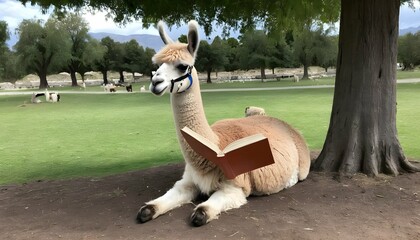 Naklejka premium A Llama Reading A Book Under A Tree