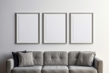 Modern Living Room with Gray Sofa and Three Blank Frames