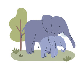 Elephant and baby calf standing on grass with tree. Flat cartoon style vector illustration isolated on white background