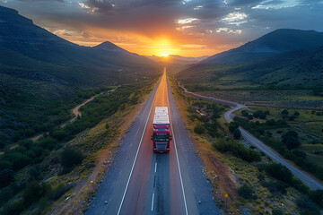 Obraz premium Two Red Trucks at Sunrise in a Rural Landscape