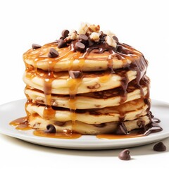 fluffy chocolate chip pancakes on white background