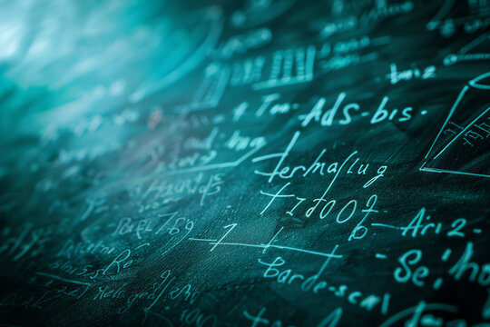 Detailed mathematical equations written on a blackboard in a dimly lit classroom, showcasing complex scientific concepts and formulas
