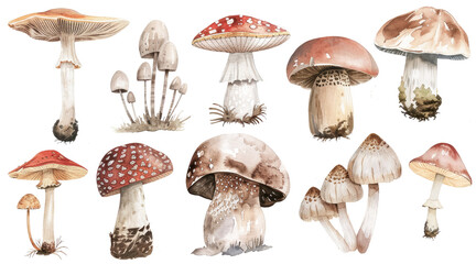 Assorted watercolor mushrooms in natural colors