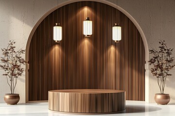 cylinder podium with wood lamp background