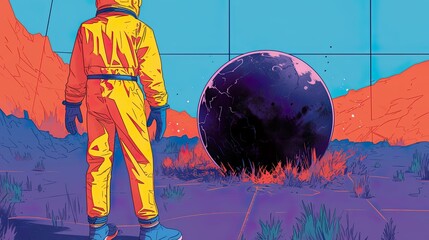 Obraz premium Black Hole Voyager, Spacesuit, Brave astronaut face the singularity, Exploring a civilization near a black hole, Infrared, Realistic, Golden Hour, Fish-eye Effect, Rear view