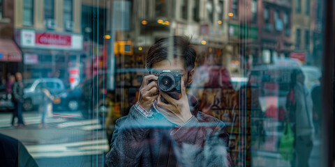 Street photographer capturing the essence of urban life, his reflection seen in a store window amidst the citys hustle and bustle.