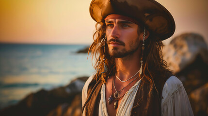 beautiful man with long hair and stubble wearing a pirate hat, a white shirt open at the collar and...