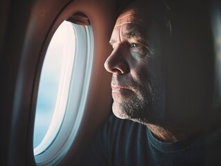 middle age man looking out of a airplane window, light coming from outside