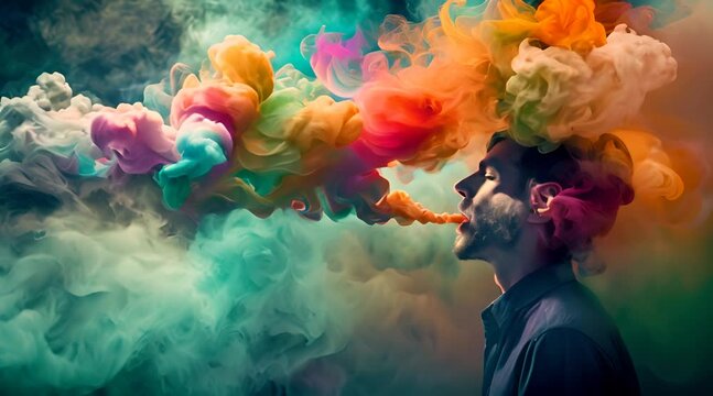 Man meditates in dark room, exhaling colorful smoke from his mouth, symbolizing relaxation and inner peace, creating surreal atmosphere