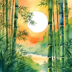 Fantastic landscape of Southeast Asia. River valley and bamboo forest at sunset.	
