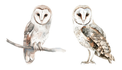 Barn owl perched and other in watercolor