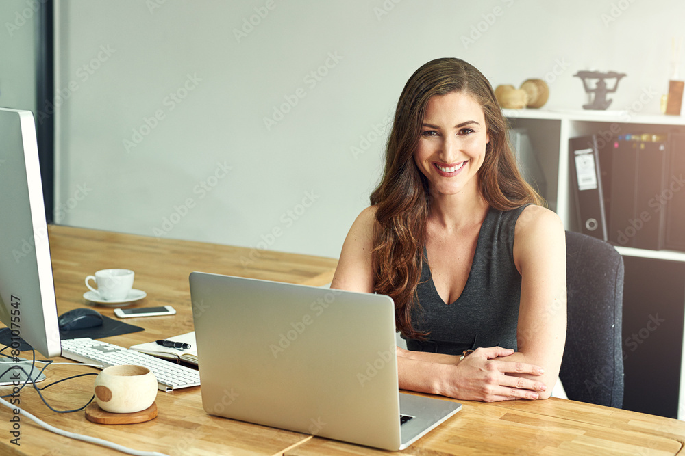 Canvas Prints Portrait, woman and laptop by desk for corporate career with notebook, check email and reading online news. Female consultant, notes and tech in modern office for smile, connection and client advice