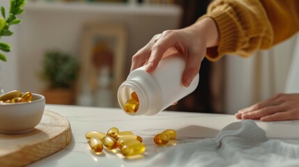 Pills being poured out of a bottle into a white bowl. Omega 3, multivitamins, vitamins B, C, D, collagen tablets, probiotics, iron capsule. 