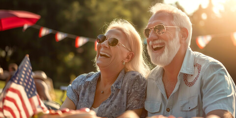 Fototapeta premium Happy cheerful couple having great time at at BBQ party. Elderly man and woman celebrating 4th of July outdoors with their friends and family.