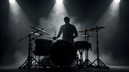 Silhouette of a drummer behind a drum kit in a dark.generative.ai  - obrazy, fototapety, plakaty
