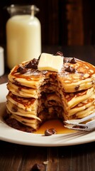 
delicious fluffy chocolate chip pancakes with the topping of butter and sugar syrup on a plate with a slice cut out