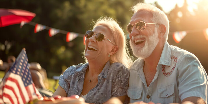 Happy cheerful couple having great time at at BBQ party. Elderly man and woman celebrating 4th of July outdoors with their friends and family. - Powered by Adobe