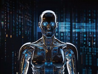 Futuristic Robot with Human-Like Features and Illuminated Digital Interface, Symbolizing Cutting-Edge AI