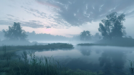 Obraz na płótnie Canvas A thick fog envelops a peaceful rural landscape at sunrise.