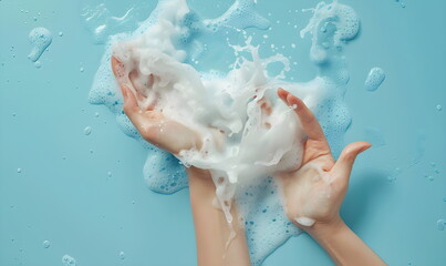 Fototapeta premium Female hands holding a pile of fluffy white soap foam, concept of hygiene, hand washing and disinfection, top view, on a light blue background