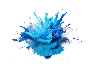 A dynamic burst of blue ink diffusing through water, creating an abstract aquatic artwork on a pure transparent background. Generative AI