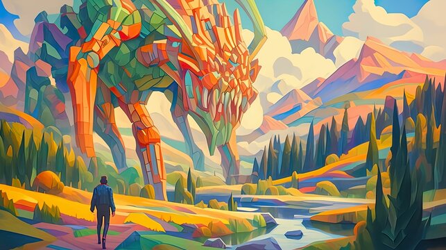 Fantasy Creature, AI Art, Rise of NFTs in Gaming, vibrant digital world, holographic display, 3D render, Neon Lights, Lens Flare, Handheld shot view