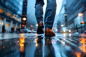 Businessman Striding Through the Bustling Trade Center on a Rainy Day