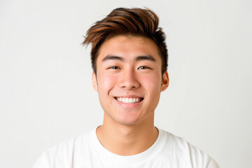 Portrait of healthy, cheerful handsome young Asian man smiling and looking at camera with white background. Happy, health and mental healthcare concept